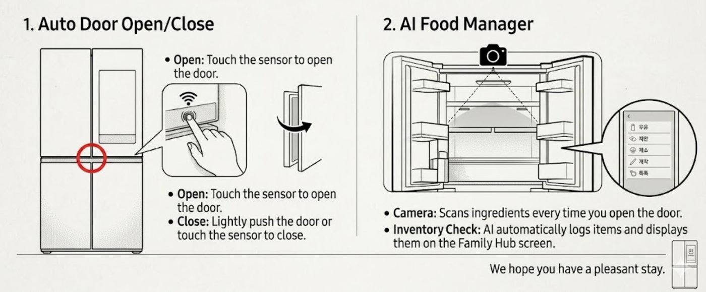 Refrigerator auto door and AI Food Manager guide